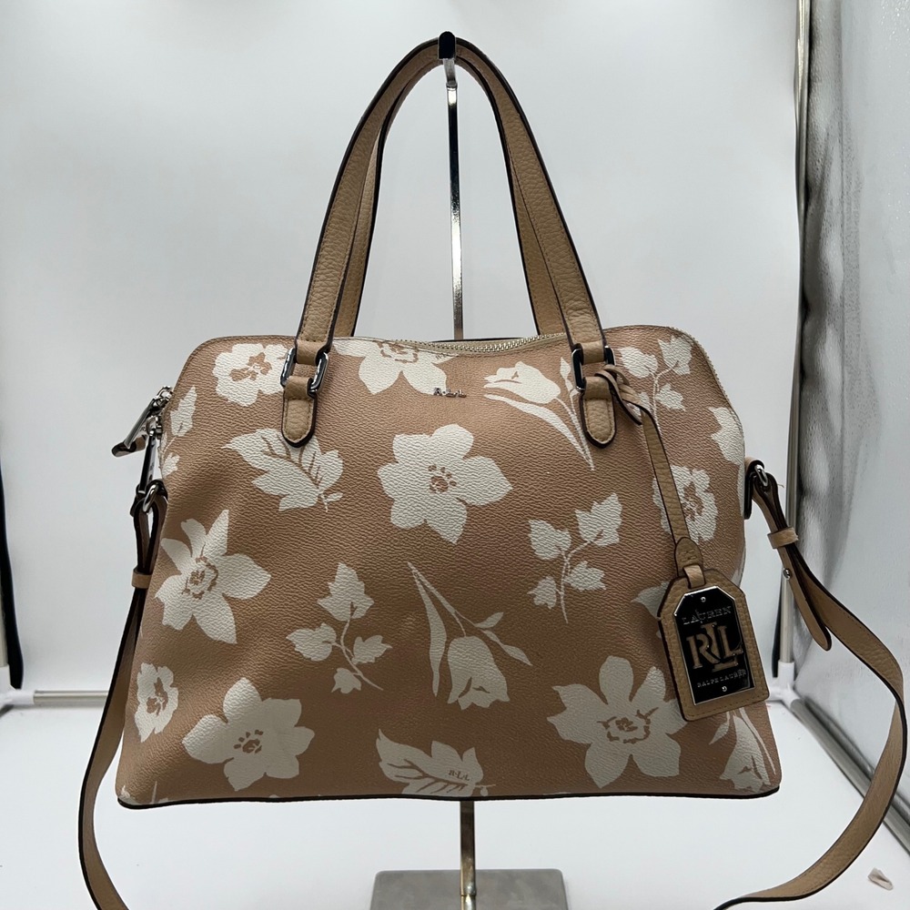 Lauren Ralph Lauren Floral Satchel Handbag Tan White Leather Accents